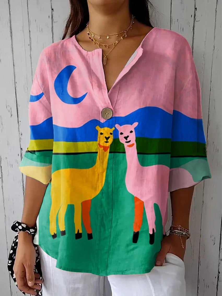 Women's Animal  Art  Print Casual Cotton Linen Shirt