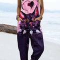 Women's Vintage Abstract Romantic Black Cat Art Print Casual 100% Cotton Wide Leg Jumpsuit
