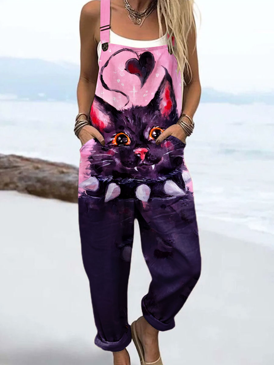 Women's Vintage Abstract Romantic Black Cat Art Print Casual 100% Cotton Wide Leg Jumpsuit