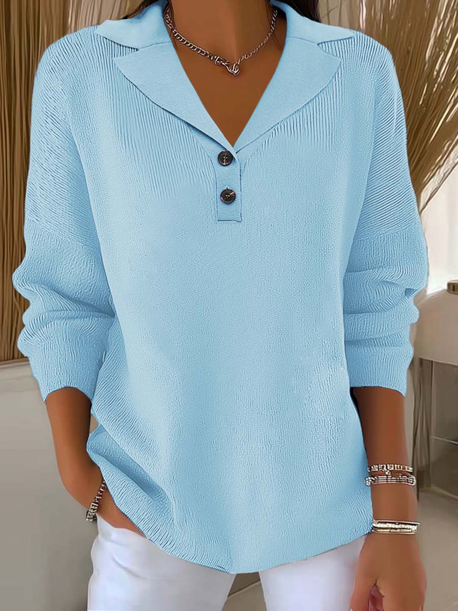 Women's Solid Color Lapel Long Sleeve Casual Pullover Sweater