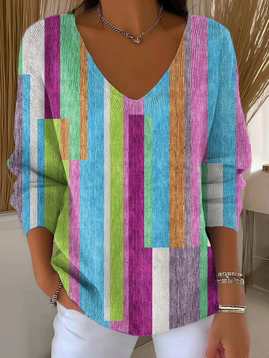 Women's Beautiful Colorful Abstract Stripe Painting Art Print Casual Pullover Sweater