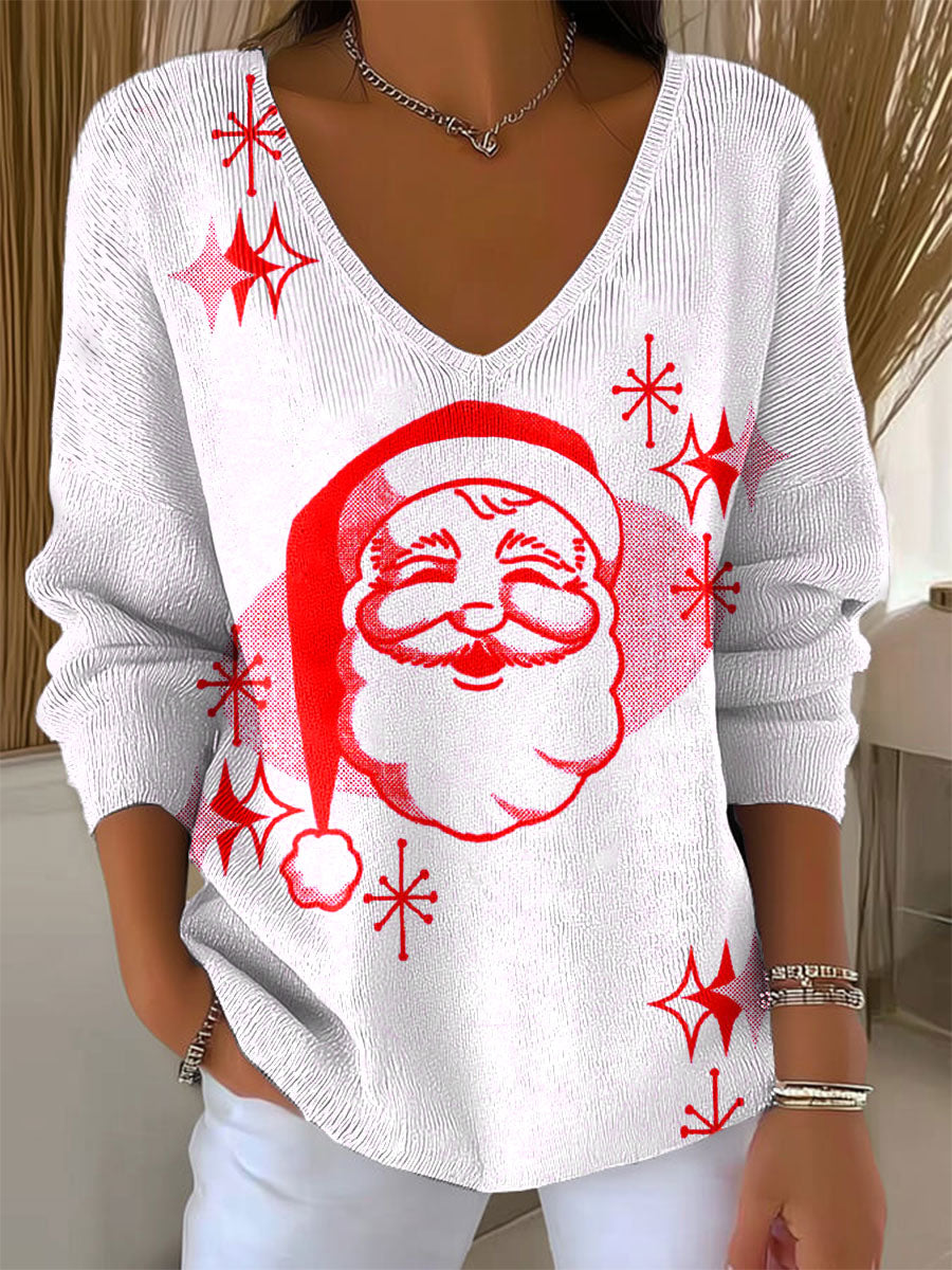Women's Vintage Santa Poker Art Print Casual Pullover Sweater