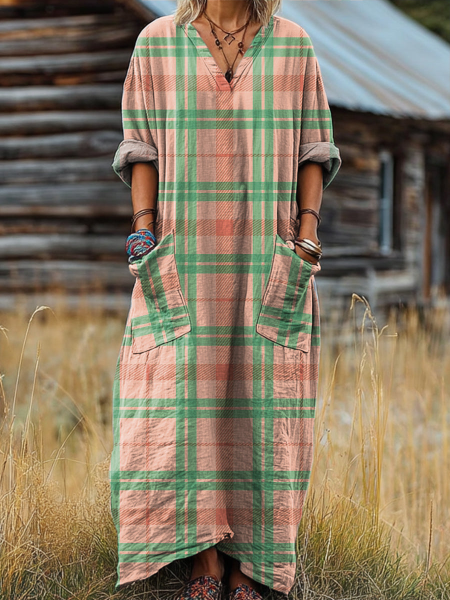 Women's Vintage Abstract Stripe Art Print Pocket V-neck Cotton Dress