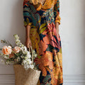Women's Vintage Floral Leopard Pattern Art Print Cotton And Linen Pocket Dress