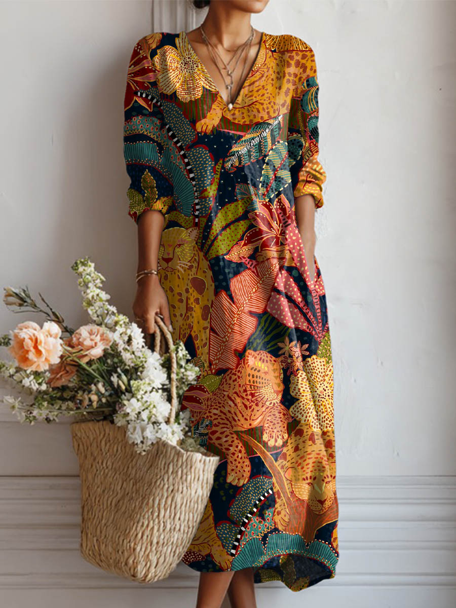 Women's Vintage Floral Leopard Pattern Art Print Cotton And Linen Pocket Dress