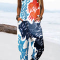 Women's Vintage Abstract Fish Art Print Casual 100% Cotton Wide Leg Jumpsuit