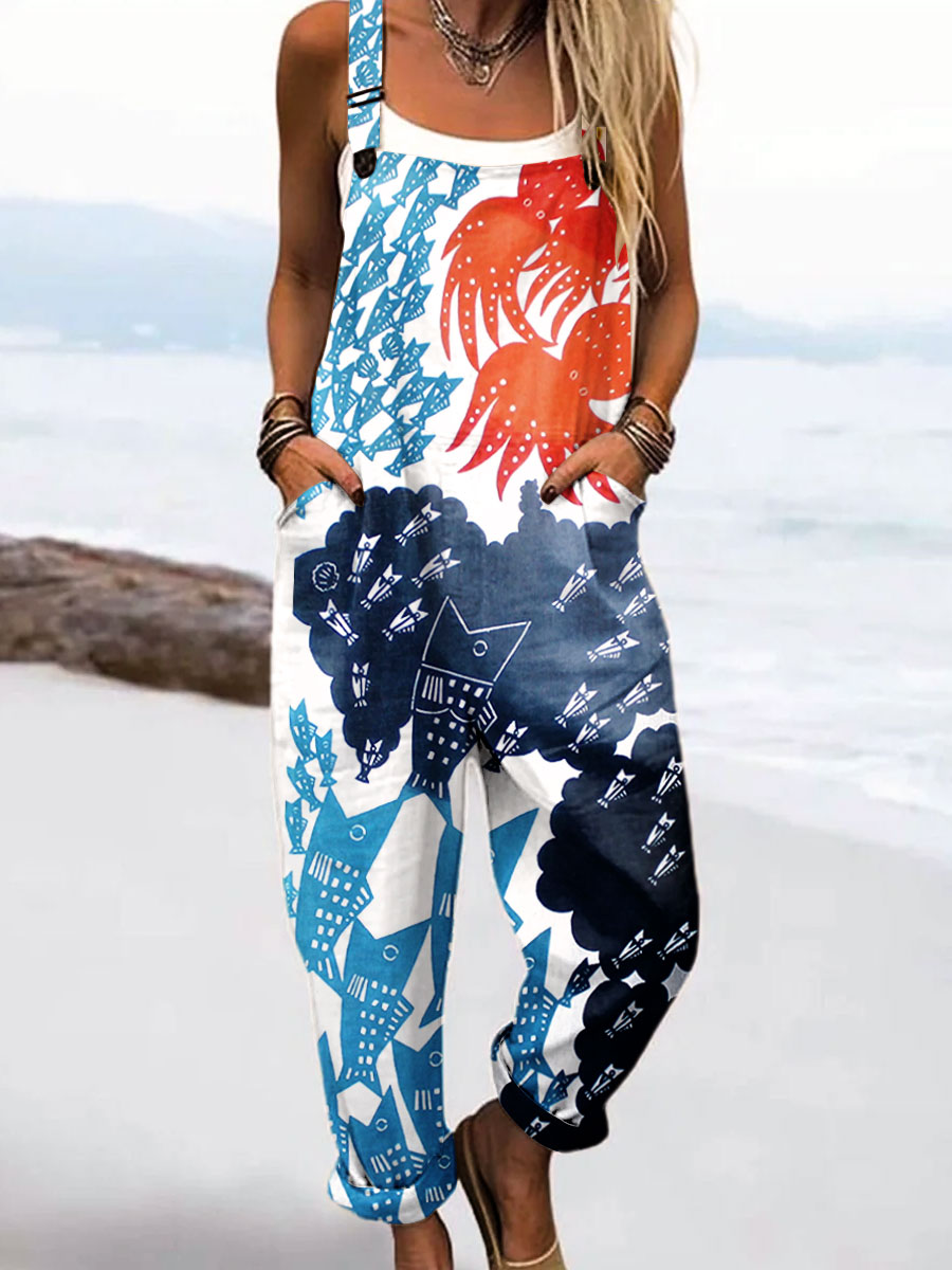 Women's Vintage Abstract Fish Art Print Casual 100% Cotton Wide Leg Jumpsuit