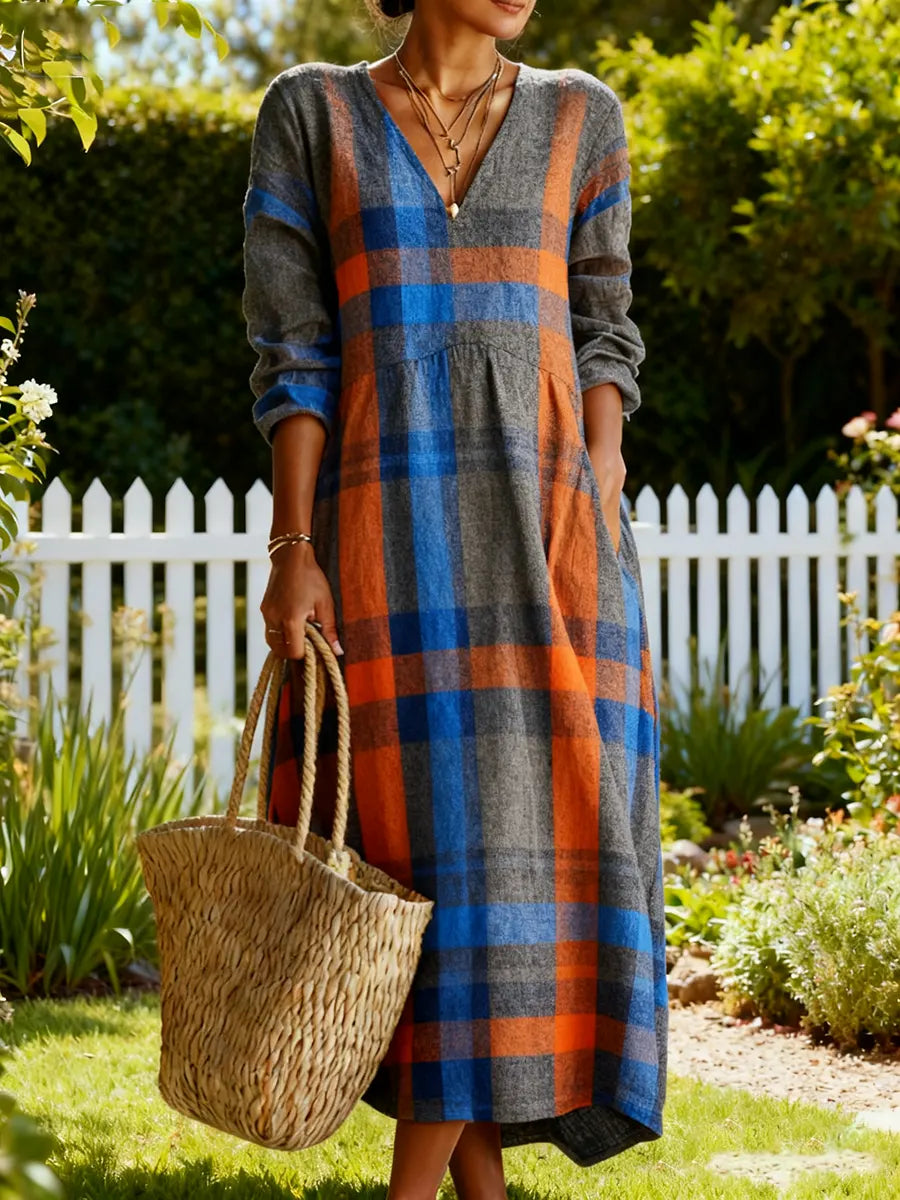 Women's Vintage  Plaid Art Print Linen Pocket Tunic Dress