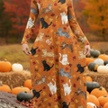 Cute Cat Chasing Leaves Print Knitted Dress