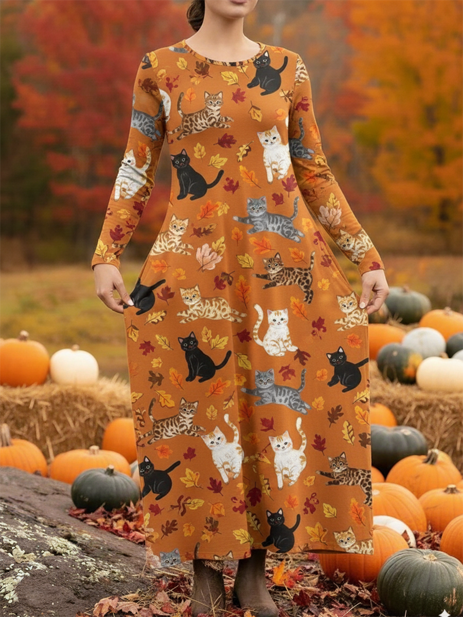 Cute Cat Chasing Leaves Print Knitted Dress