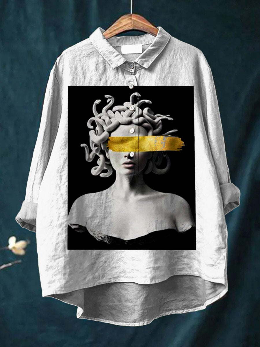 Women's  Medusa Art  Print Casual Cotton And Linen Shirt