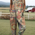 Women's  Vintage  Splicing Flower Art Print Casual 100% Cotton Wide Leg Jumpsuit