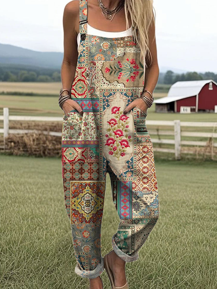 Women's  Vintage  Splicing Flower Art Print Casual 100% Cotton Wide Leg Jumpsuit
