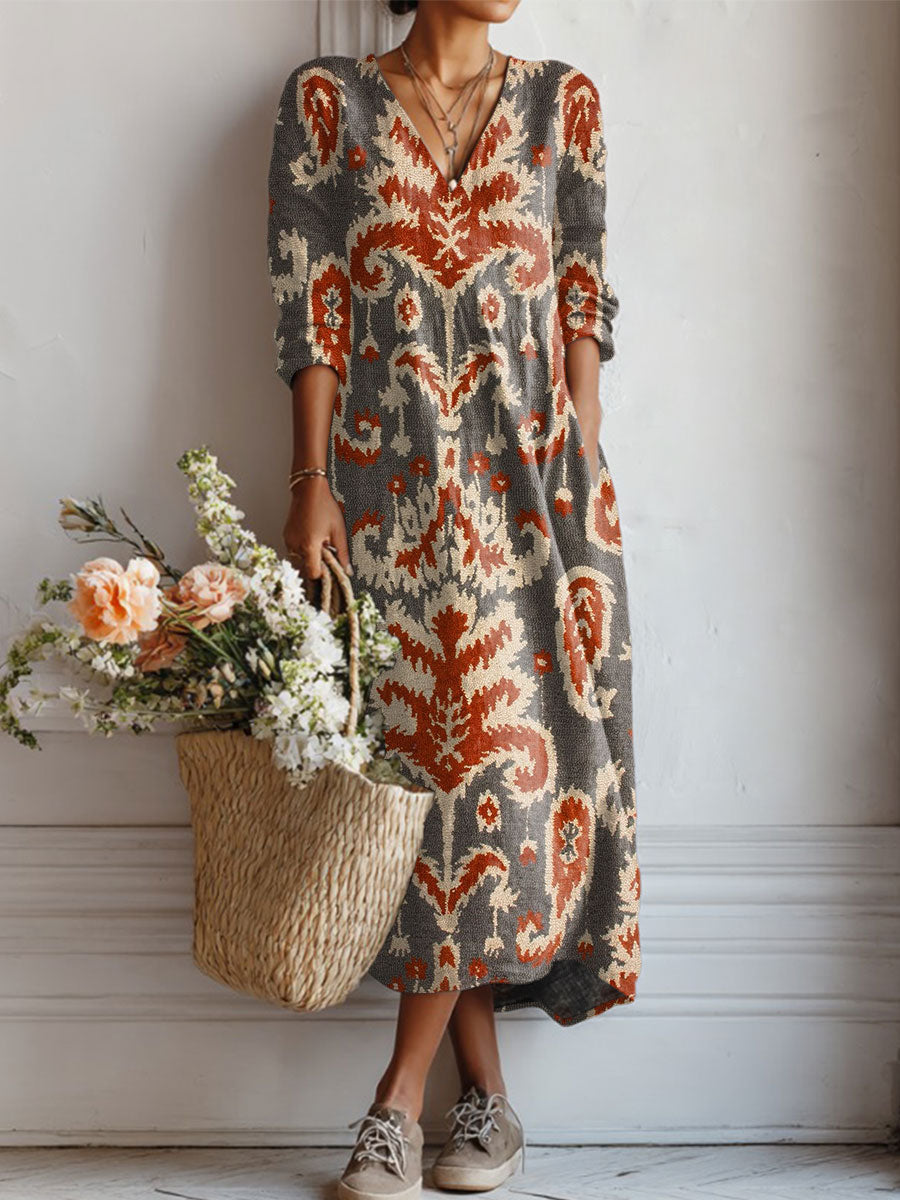 Women's Vintage Flower Art Print Linen Pocket Tunic Dress