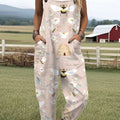Women's  Vintage Bee Floral Art Print Casual 100% Cotton Wide Leg Jumpsuit