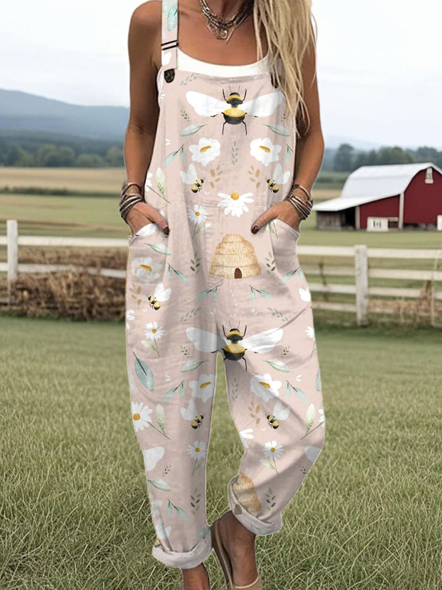 Women's  Vintage Bee Floral Art Print Casual 100% Cotton Wide Leg Jumpsuit