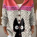 Women's Abstract Color Block Polka Dot Cat Painting Art Print Casual Hooded Button Sweater