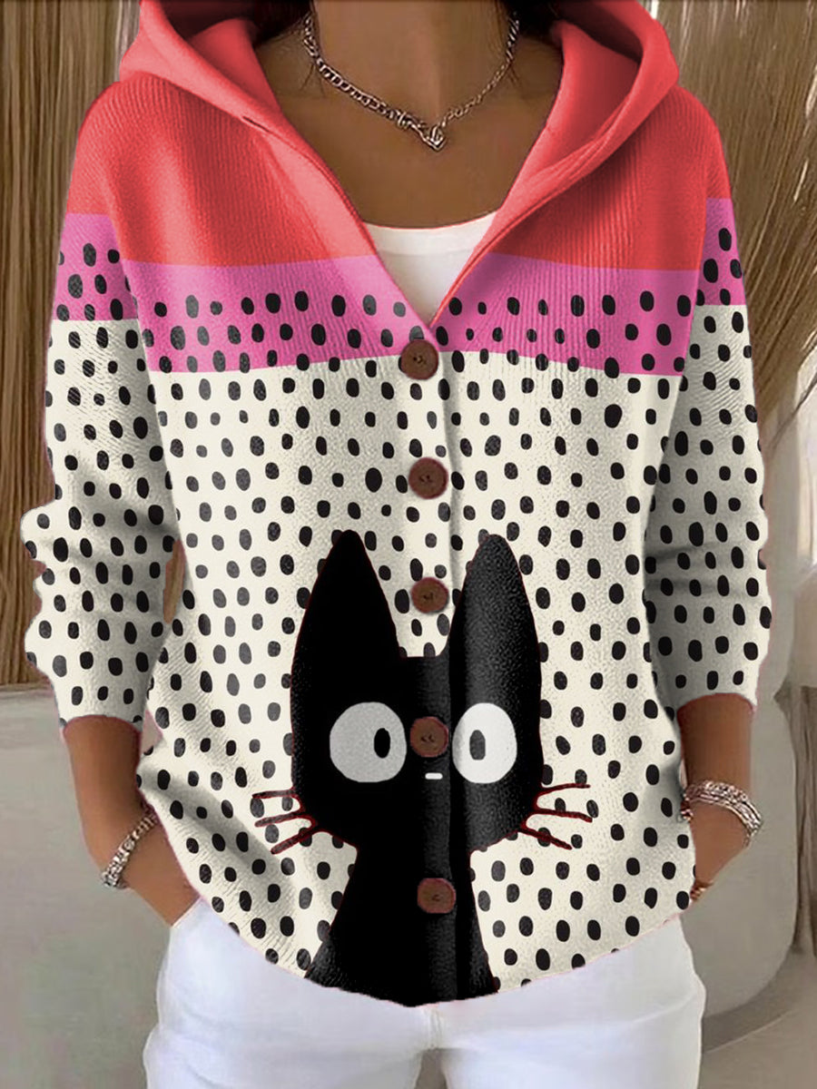 Women's Abstract Color Block Polka Dot Cat Painting Art Print Casual Hooded Button Sweater