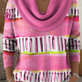 Women's Geometric Pink Color Splicing Print Cowl Neck Sweater