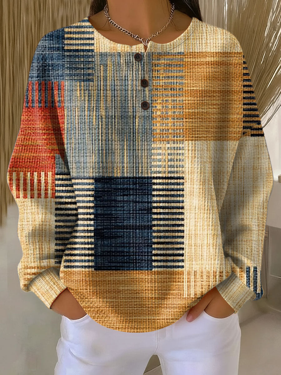 Women's Geometric Pattern Art Print Casual Cotton Waffle Sweatshirt