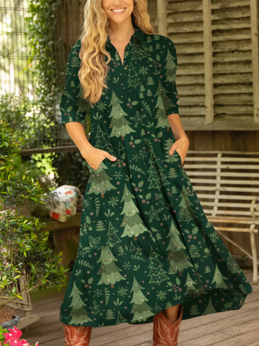 Cute Cedar Print Multi-layered Hem Midi Dress