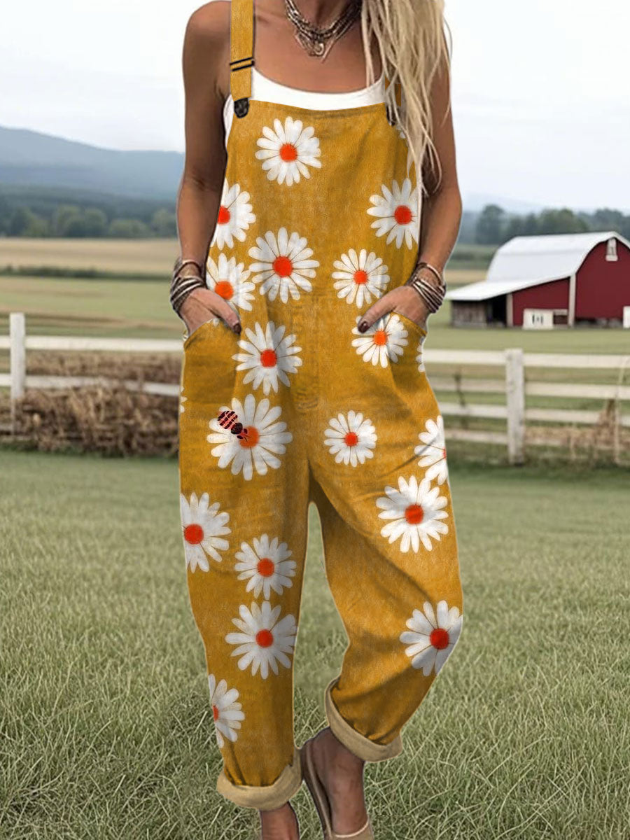 Women's Vintage Flower Bee  Art Print Casual 100% Cotton Wide Leg Jumpsuit