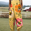 Women's Lovely Floral Bees Art Print Casual 100% Cotton Wide Leg Jumpsuit