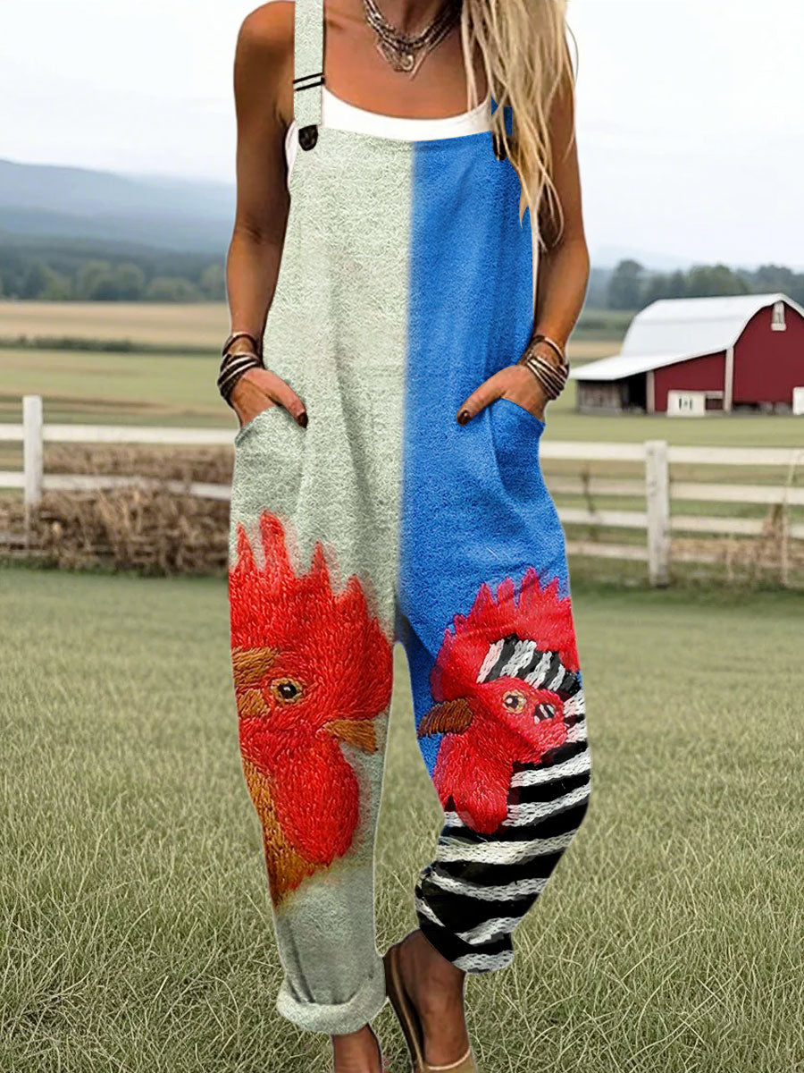 Women's Vintage Cute Farm Chicken Art Print Casual 100% Cotton Wide Leg Jumpsuit