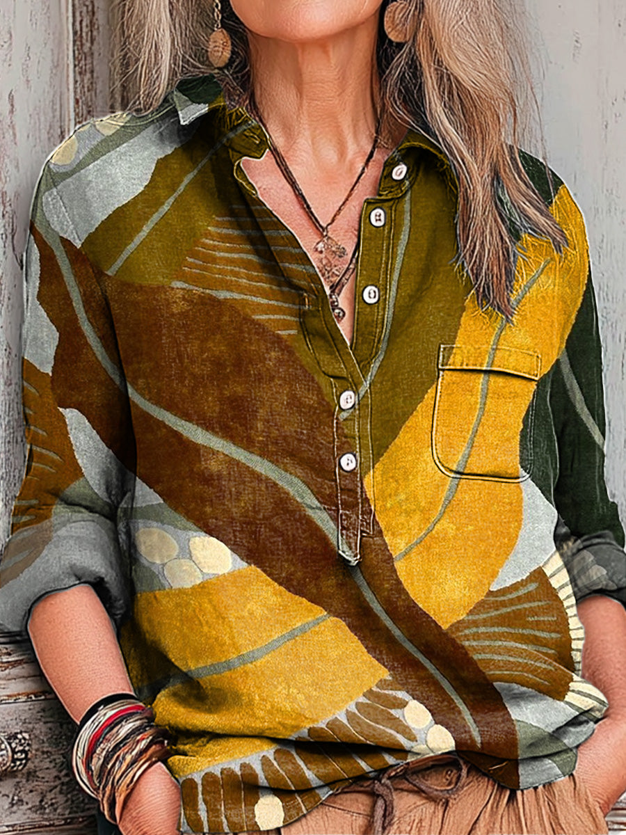 Women's Abstract Colorful Geometric Stripes Painting Art Print Casual Cotton And Linen Shirt