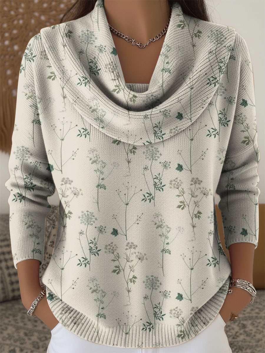 Women's Simple Small Flower Print Cowl Neck Sweater