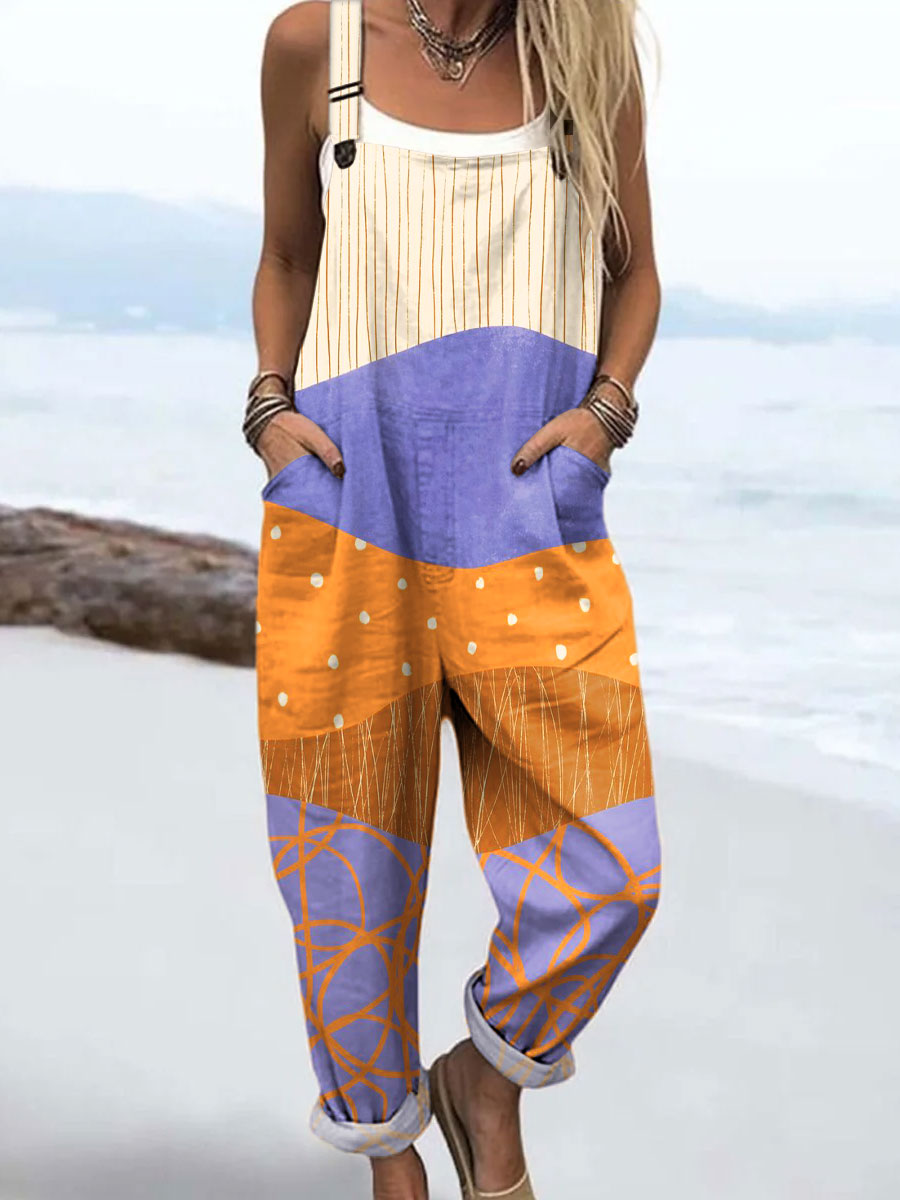 Women's Colorful Abstract Geometric Block Art Print Casual 100% Cotton Wide Leg Jumpsuit