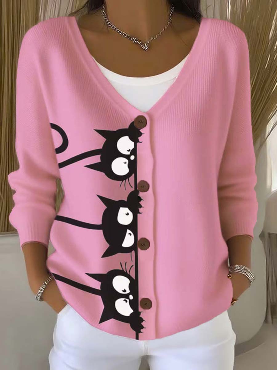 funny-cats-art-print-buttoned-v-neck-cardigan-sweater-a7bx