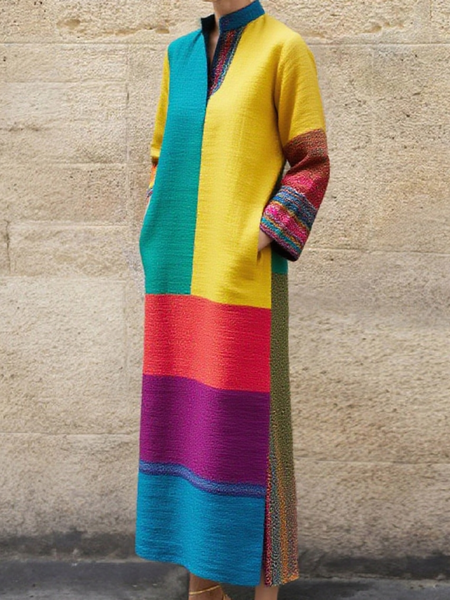 Artistic Rainbow Color Block Print Maxi Dress