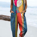 Women's Colorful Abstract Realistic Face Art Print Casual 100% Cotton Wide Leg Jumpsuit
