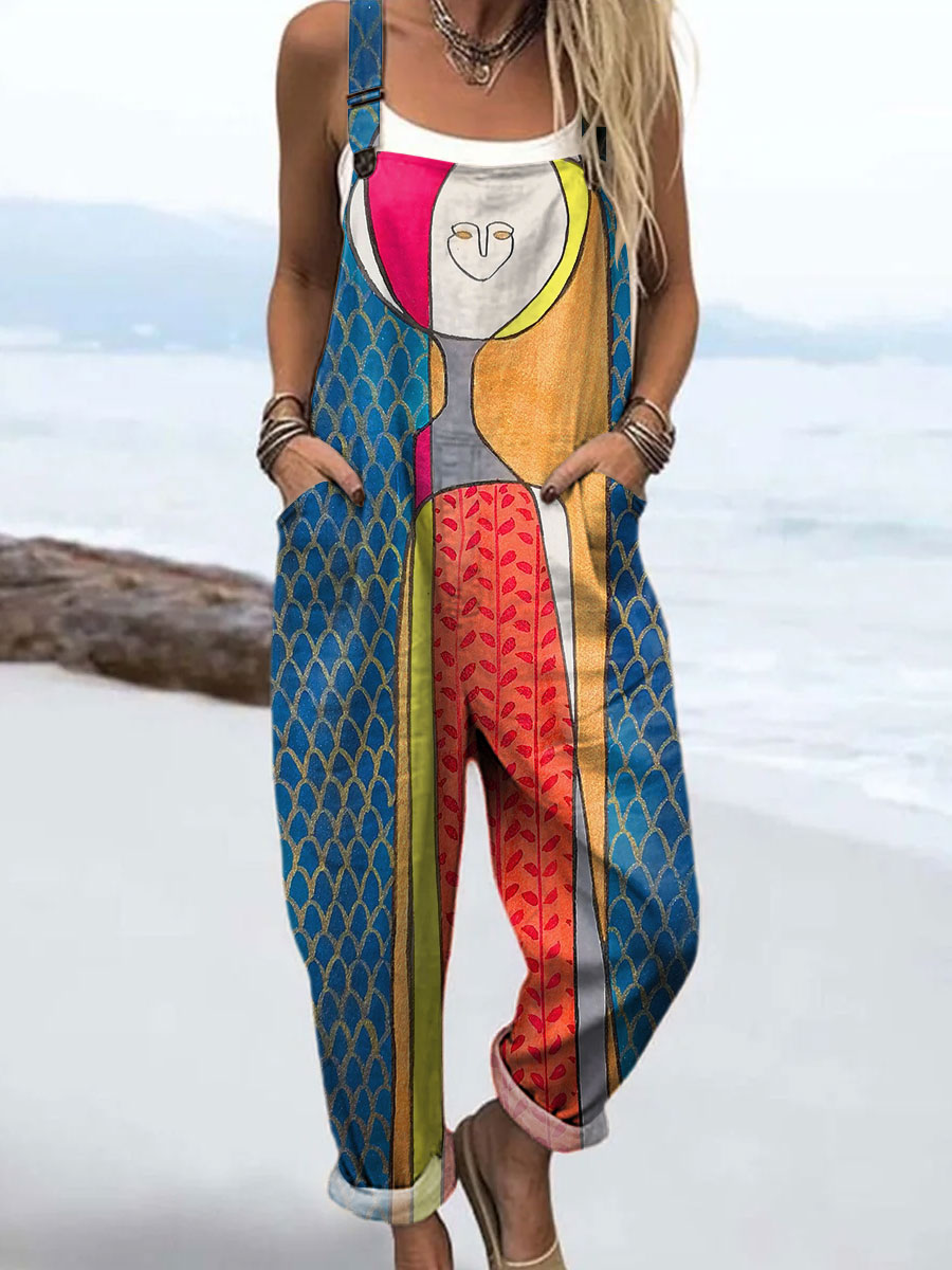 Women's Colorful Abstract Realistic Face Art Print Casual 100% Cotton Wide Leg Jumpsuit