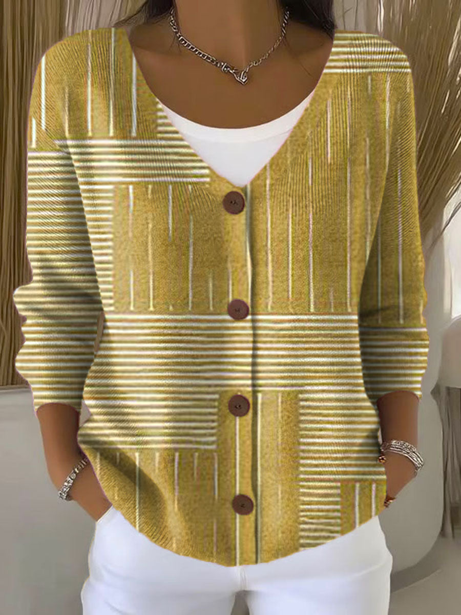 Vintage Abstract Geometry Art Print Buttoned V-neck Cardigan Sweater