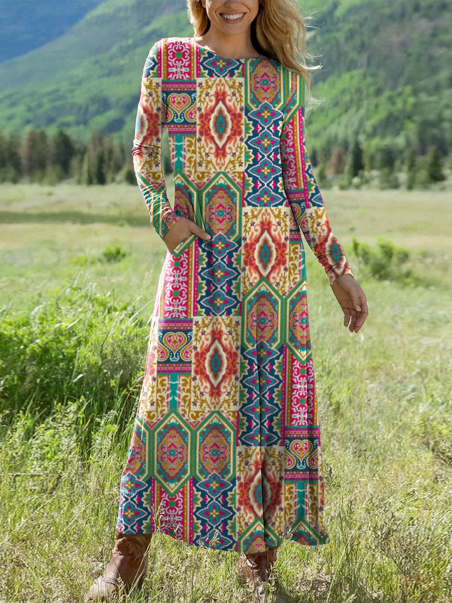 Women's Retro Ethnic Pattern Art Print Long-sleeved Dress