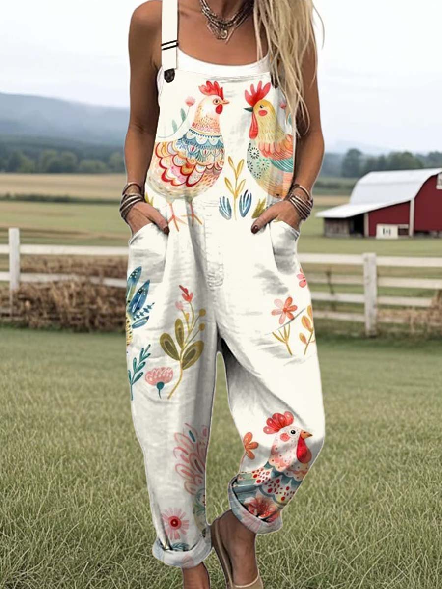 Women's Artistic Creative Chick Print Casual 100% Cotton Wide Leg Jumpsuit