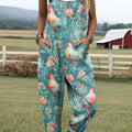 Women's Lovely Chicken Art Print Casual 100% Cotton Wide Leg Jumpsuit