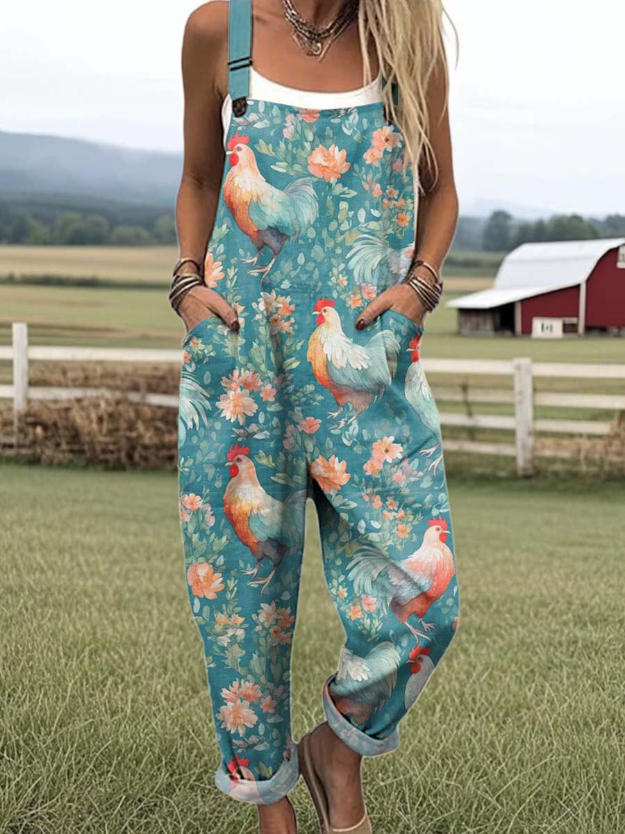 Women's Lovely Chicken Art Print Casual 100% Cotton Wide Leg Jumpsuit