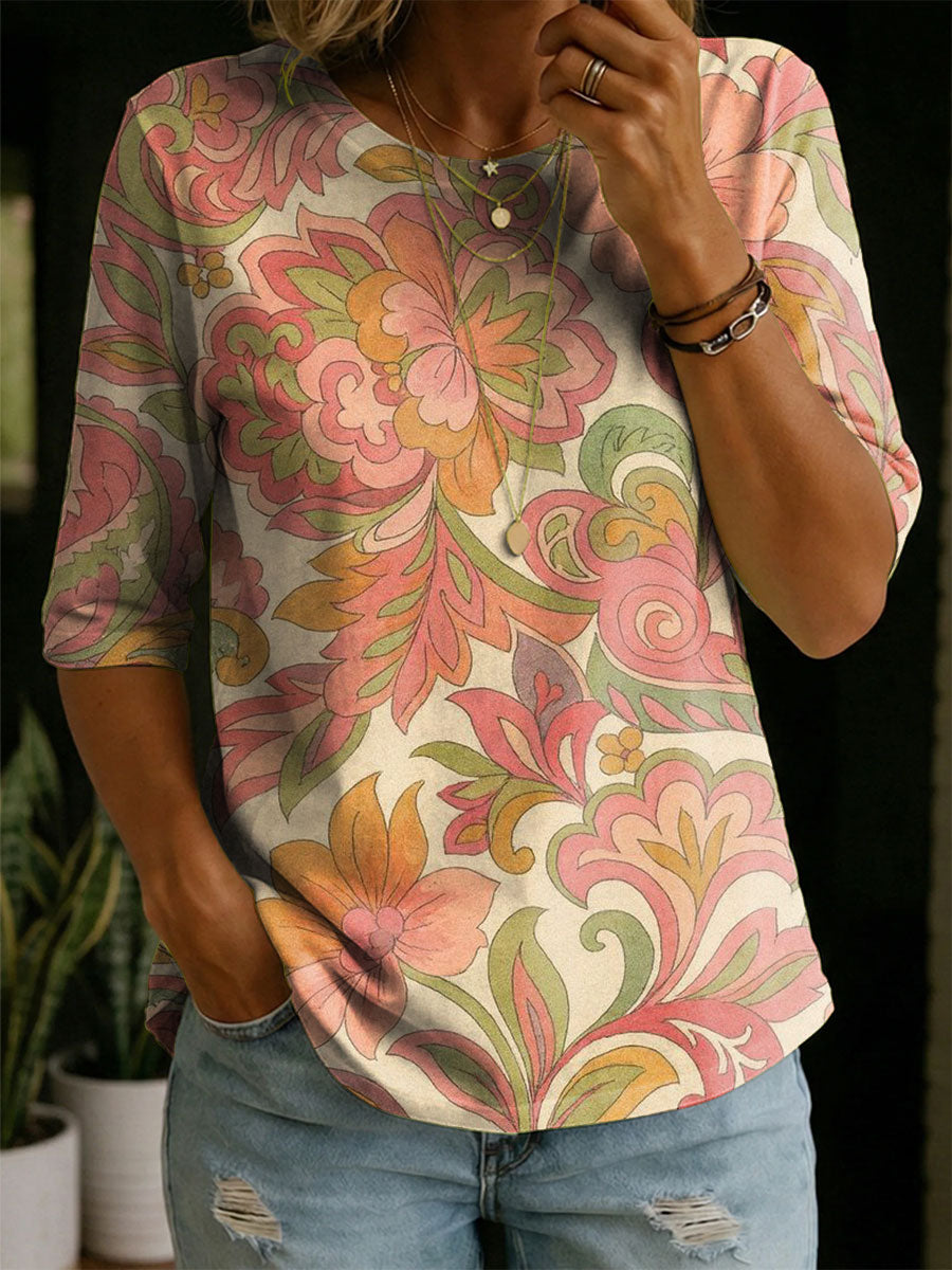 Women‘s Floral Pattern Art Casual Loose Half Sleeve 100% Cotton T-shirt