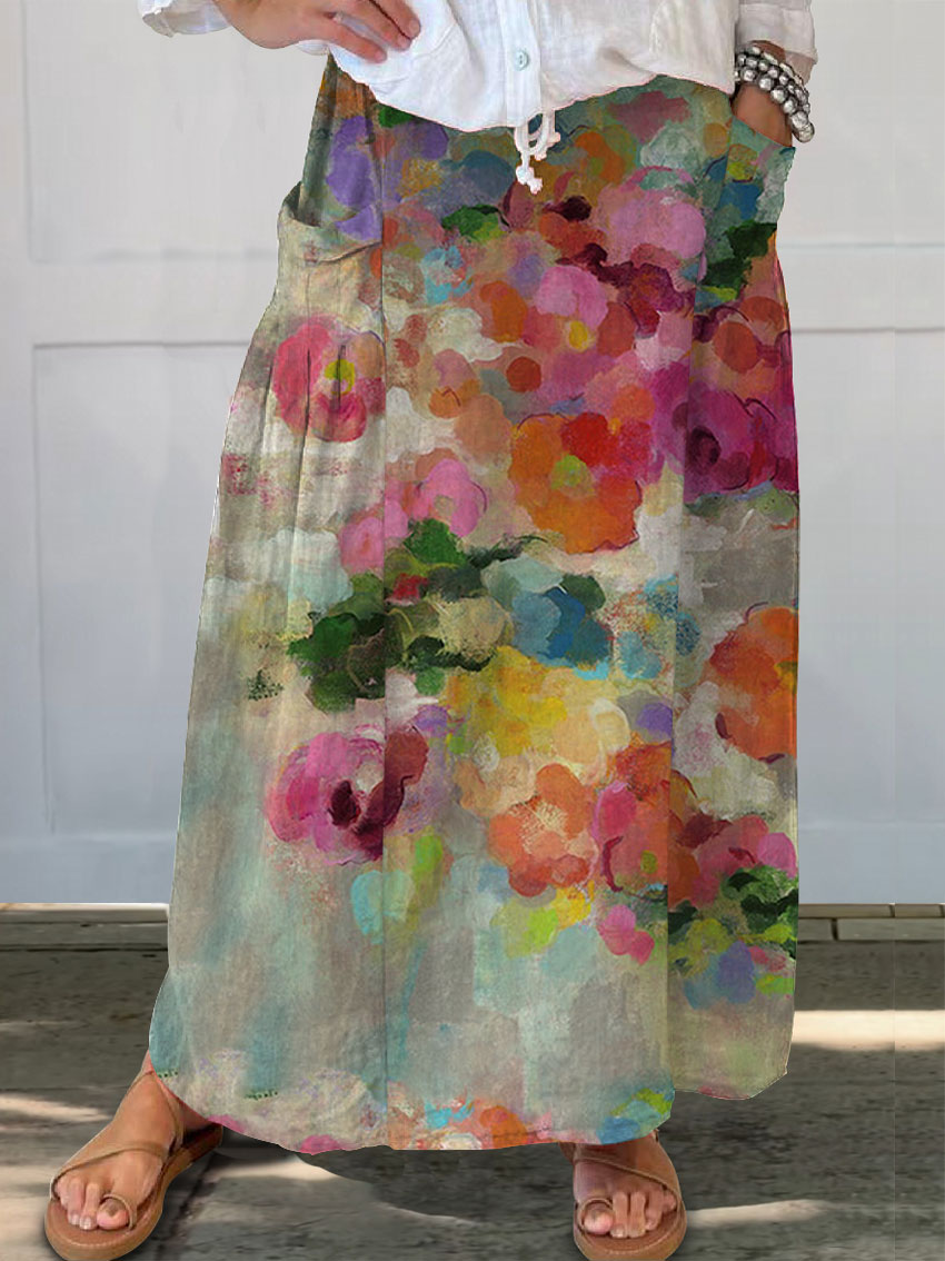 Women's Vintage Floral Art Print   Linen Pocket Skirt