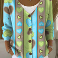 Contrast Color Heart Vertical Stripes Print Buttoned V-neck Cardigan Sweater