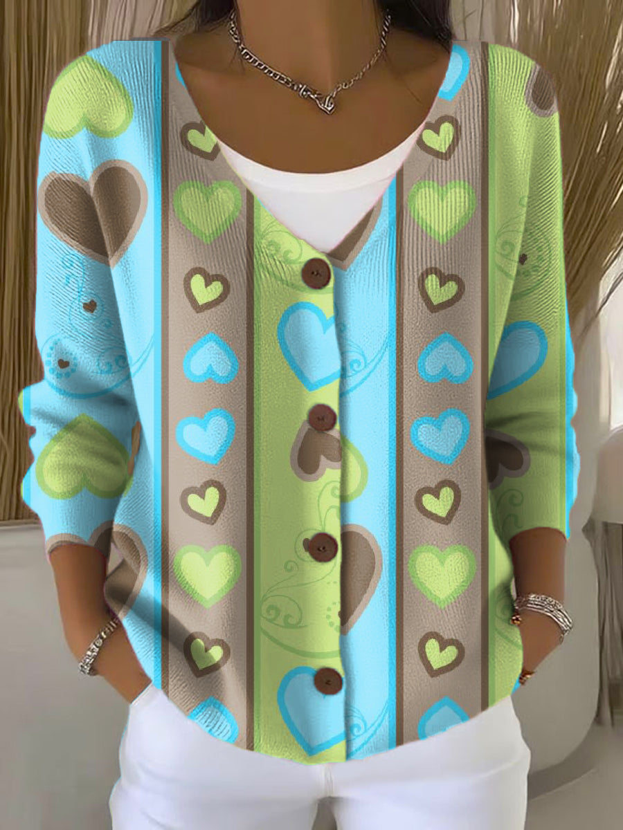 Contrast Color Heart Vertical Stripes Print Buttoned V-neck Cardigan Sweater