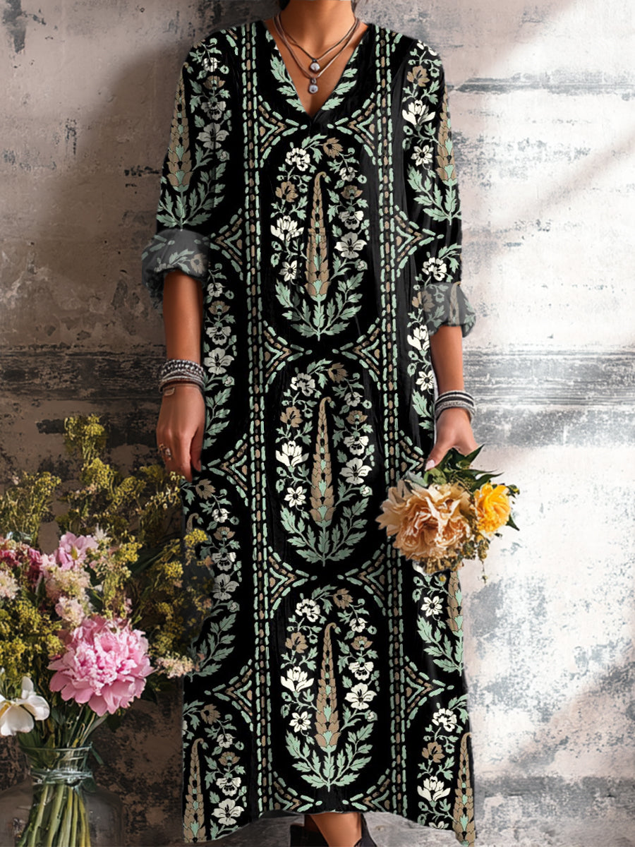 Women's Vintage Ethnic Geometric Floral Painting Art Print Dress