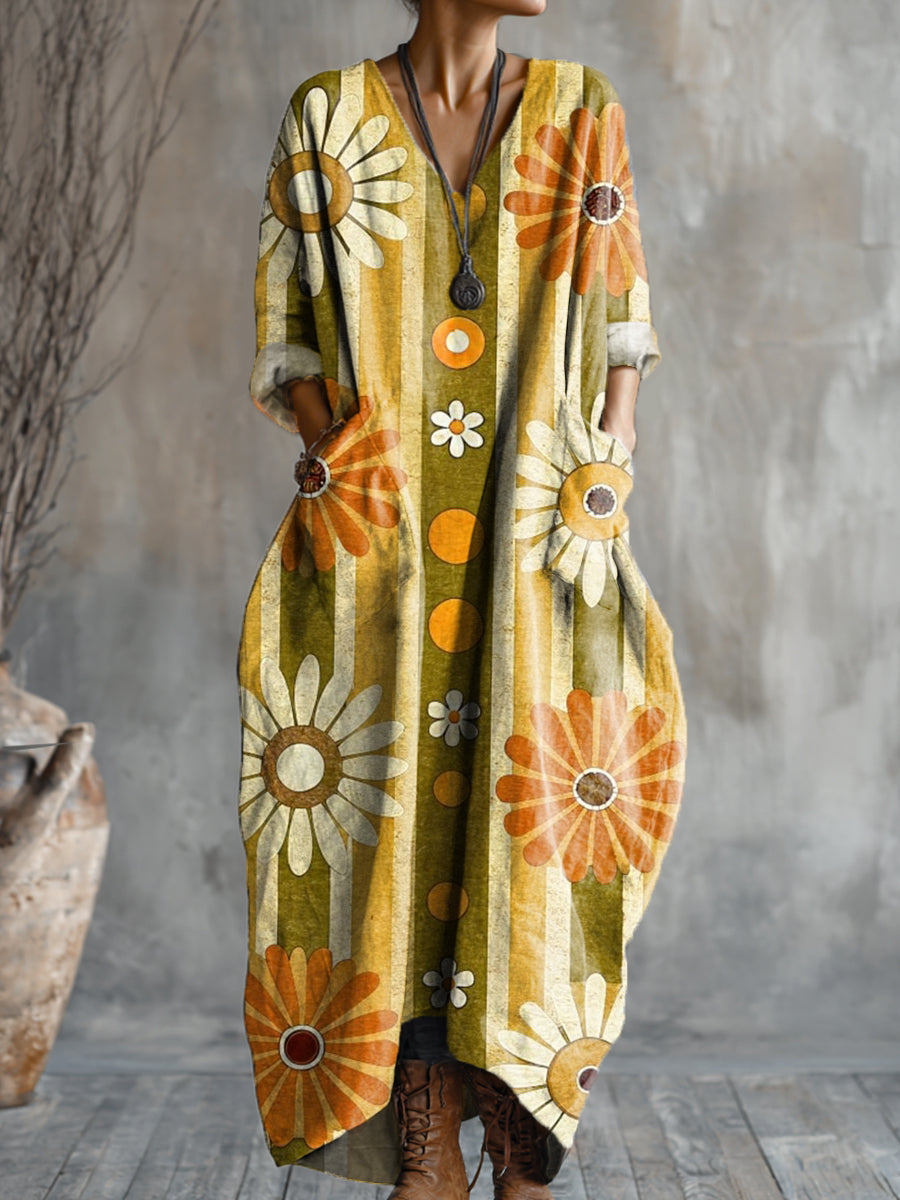 Women's Abstract Geometric Floral Stripe Painting Art Print Pocket V-neck Cotton Dress