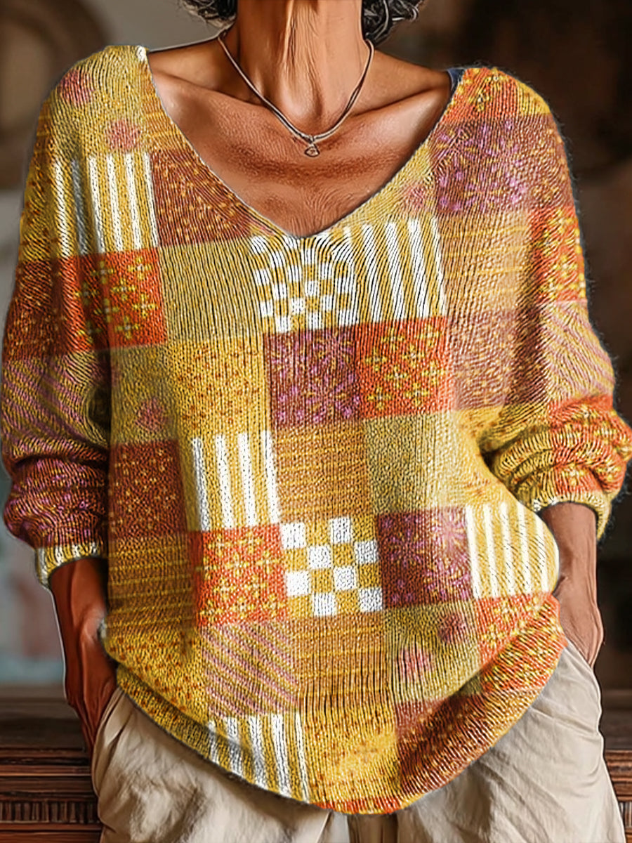 womens-vintage-check-art-print-casual-pullover-sweater