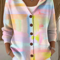 Women's Beautiful Colorful Abstract Color Block Painting Art Print Casual Hooded Button Sweater