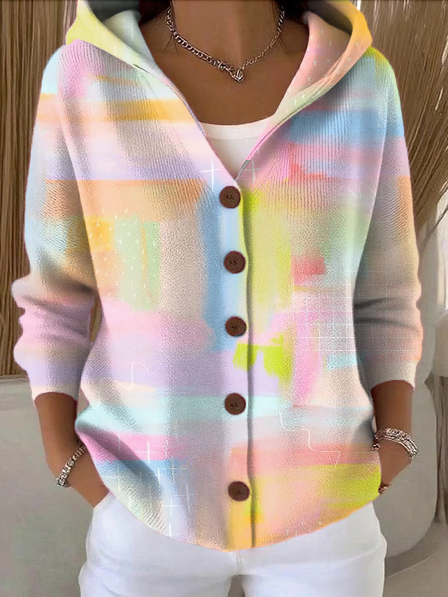 Women's Beautiful Colorful Abstract Color Block Painting Art Print Casual Hooded Button Sweater