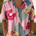 Women's Vintage Botanical Floral Casual Polo Collar Short-sleeved Linen And Cotton Shirt